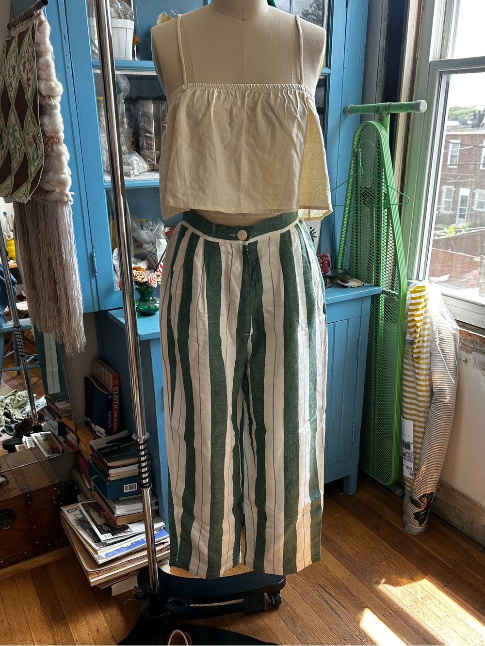 Ilana Kohn Green and White Striped Wide-Leg Linen Pants